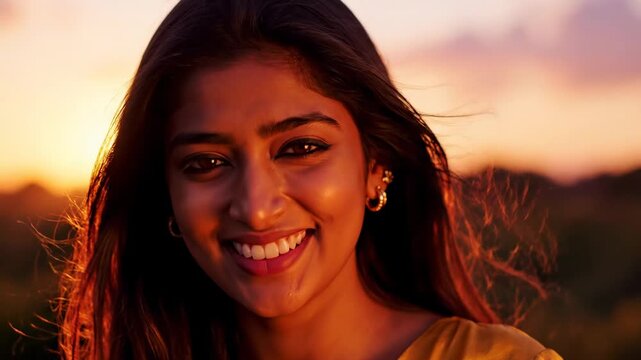 Beautiful woman smiling at sunset, golden hour portrait.