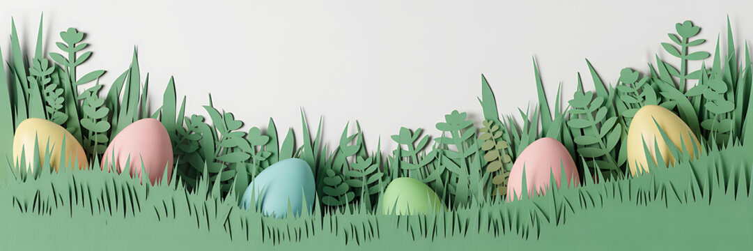 Colorful Easter eggs hidden in green grass and plants on white background
