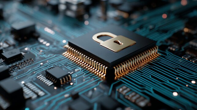 A close-up of a microchip featuring a secure lock symbol, showcasing advanced technology and cybersecurity measures in modern digital infrastructure.