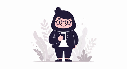 A cartoon figure wearing glasses and a jacket, holding a phone, surrounded by plants