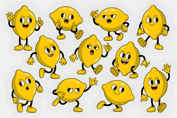 Obraz premium Cute Cartoon Lemon Characters Pack — Playful Yellow Lemons with Faces, Arms and Legs in Multiple Poses on White BackgroundTags: