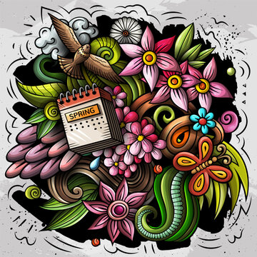 Spring hand drawn cartoon doodle illustration. Funny seasonal design. Creative art vector background. Nature elements and objects. Colorful composition