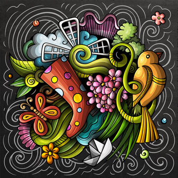 Spring hand drawn cartoon doodle illustration. Funny seasonal design. Creative art vector background. Nature elements and objects. Colorful composition