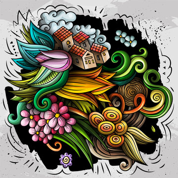 Spring hand drawn cartoon doodle illustration. Funny seasonal design. Creative art vector background. Nature elements and objects. Colorful composition