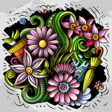 Spring hand drawn cartoon doodle illustration. Funny seasonal design. Creative art vector background. Nature elements and objects. Colorful composition