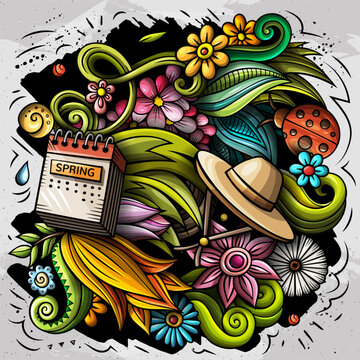 Spring hand drawn cartoon doodle illustration. Funny seasonal design. Creative art vector background. Nature elements and objects. Colorful composition