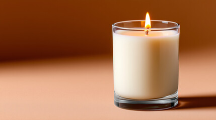 Glass Candle Jar with Blank Label on Warm Beige Background

