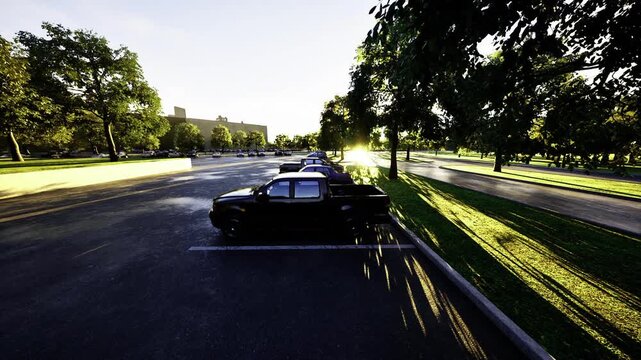 Serene vehicle scene. Calm car resting in park. Silent sedan with elongated shadows lying still. Tranquil black car beneath setting sun with stretching shadows