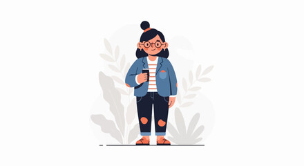 Fototapeta premium A person wearing glasses, a striped shirt, and a jacket holds a drink