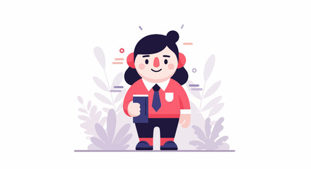 Cheerful cartoon person with dark hair, red shirt, and tie, holding a book