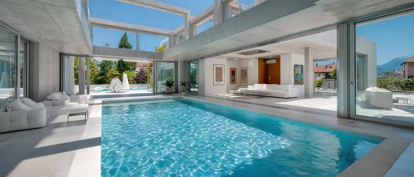 Luxury Villa with Swimming Pool: A stunning modern villa boasts a breathtaking indoor swimming pool, seamlessly blending with the surrounding serene landscape.