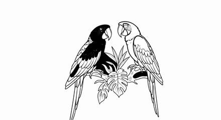 Fototapeta premium Two parrots perched on a branch with tropical leaves, one black, one white