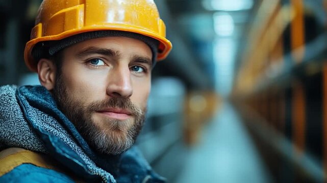 Construction Worker at Work: A construction worker in a yellow hard hat looking with confidence and a focused gaze.