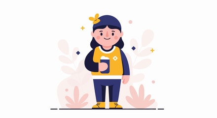 A cartoon character with a hat holding a cup, surrounded by abstract plant shapes