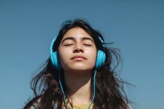Hispanic female young adult with turquoise headphones eyes closed enjoying sunlight and calm expression against clear blue sky