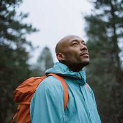 Naklejka premium Male african adult hiker bald head teal jacket orange backpack in forest looking upward contemplative outdoor portrait