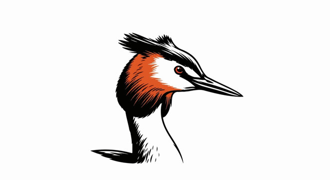 Stylized illustration of a striking water bird with orange crest and red eye