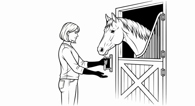 A person opens a stable door to greet a horse