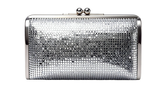A rectangular silver clutch bag, shimmering with a mesh-like texture, clasp closure