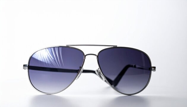 Pair of sunglasses placed neatly with reflection on lenses, modern accessory product photography, sharp focus, studio lighting, isolated on pure white background