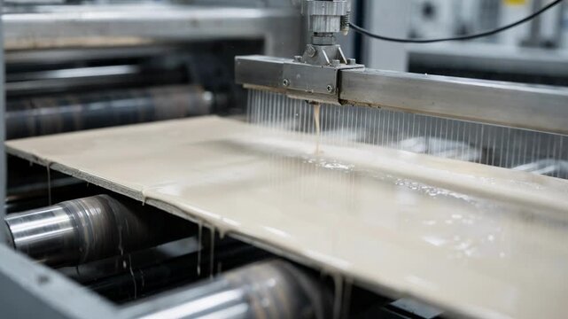 Medium shot of lightweight board receiving precise air knife coating showcasing uniform film leveling with highvelocity air stream for smooth surface finish.