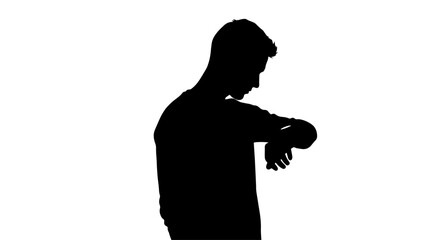 A man's silhouette checking his wrist, possibly a watch, against a white background.
