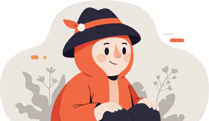 A person in a hat and orange cloak sits with plants around