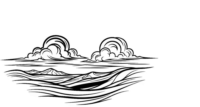 Stylized ink drawing of rolling hills under dramatic clouds and wavy lines