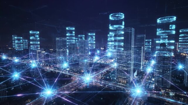 Futuristic city night network of skyscraper hologram data nodes and light trail connection through illuminated skyline conveying digital communication and smart infrastructure energy