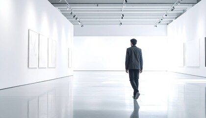 Fototapeta premium Man Walking Through Modern Art Gallery Exhibition Hall.