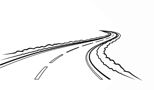 A stark black and white sketch of a winding road disappearing into the distance
