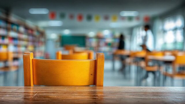 Empty Classroom: A view of an empty classroom, capturing the quiet anticipation before the day's lessons, with a wooden desk and chairs awaiting students, and a bookshelf in the background.