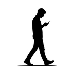 A black silhouette of a man walking while engrossed in his smartphone on a white background.