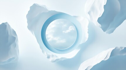 Abstract ethereal scene with a circular window overlooking a cloudy sky, soft light.