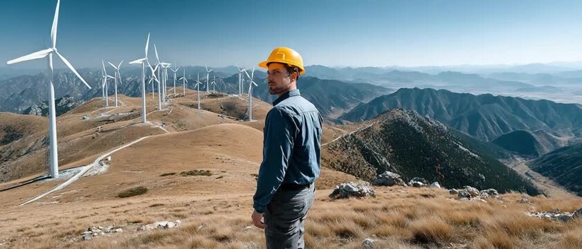 Wind Energy Visionary: A visionary engineer, donned in a safety helmet, surveys a sprawling landscape dotted with colossal wind turbines, signifying sustainable energy and environmental stewardship.