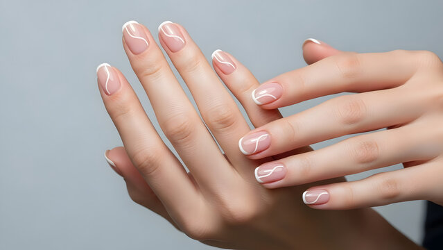 Over the shoulder view of a woman's hands displaying a contemporary nail art design with white abstract line work and organic shapes on soft pink nude polished nails for a clean and creative feminine 