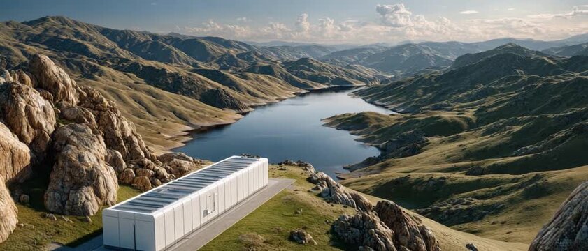 Modern Marvel: A contemporary structure, showcasing sleek lines, harmonizes with the grandeur of the surrounding landscape, against the backdrop of a serene lake and rolling hills.