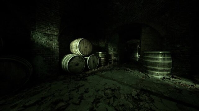 Dim underground cellar with oak barrels and casks, damp stone floor and faint greenish lamplight, rows of wooden barrels aging vintage wine, heavy shadows