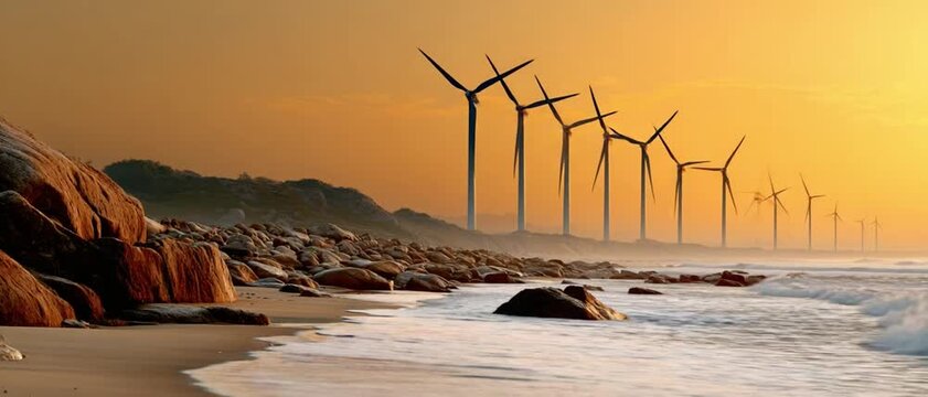 Coastal Wind Energy: A picturesque coastal scene showcases a row of wind turbines gracefully positioned along the shoreline, harnessing the power of the wind to generate sustainable energy.