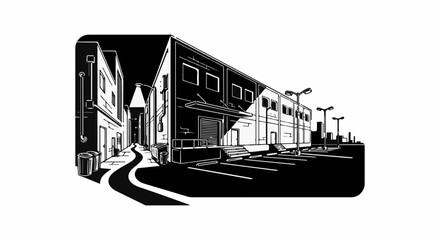 Naklejka premium Black and white illustration of an industrial alleyway with buildings and streetlights
