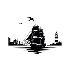 Fototapeta premium Sailboat and lighthouse silhouette on water with city skyline and birds.