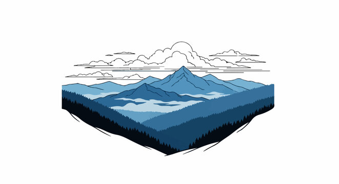 Blue mountain range with clouds and forest in a graphic style