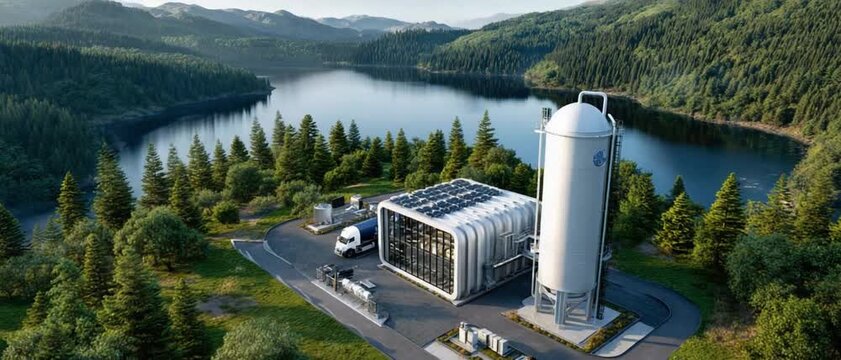 Sustainable Energy Facility in Picturesque Landscape: This image portrays a state-of-the-art sustainable energy facility seamlessly integrated into a serene landscape.