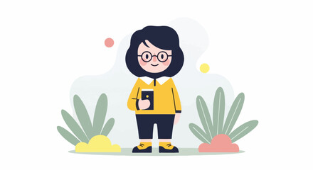 Minimalist character with phone, wearing glasses and yellow top