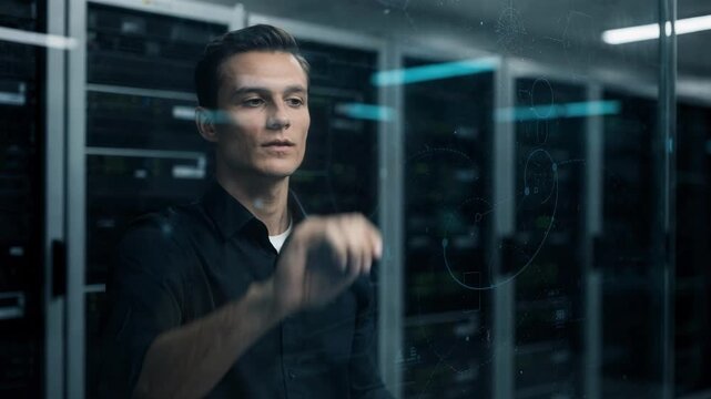 Medium shot of a programmer adjusting data checkpoint settings on a transparent screen foreground crystal clear staging server racks softly out of focus.