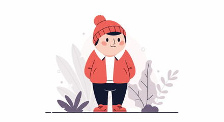 A cute person in a red hat and coat with plants