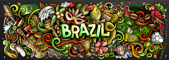Brazil vector illustration with carnival, Amazon jungle, football, beaches, coffee and cultural icons. Ideal for travel, tourism, nature and adventure themes © balabolka