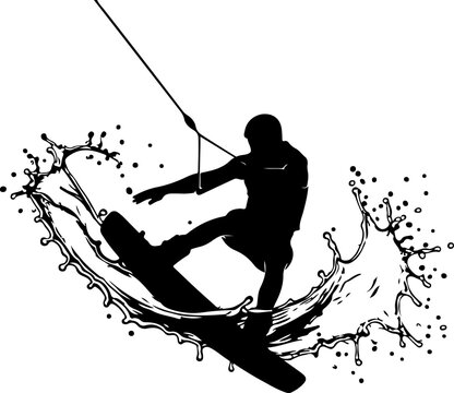 Vector silhouette of man wakeboarding with splash