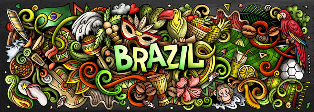 Brazil vector illustration with carnival, Amazon jungle, football, beaches, coffee and cultural icons. Ideal for travel, tourism, nature and adventure themes