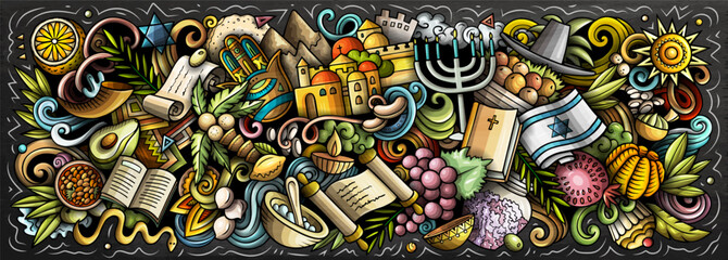 Fototapeta premium Colorful Israel vector illustration with landmarks, traditions, religion, food and nature. Perfect for travel, culture, history and tourism design projects